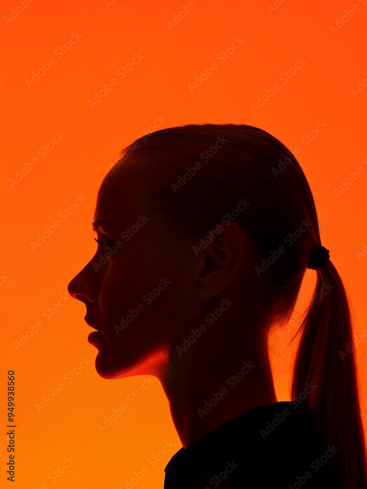 A close-up of a woman with a ponytail, set against a yellow background. Silhouette portrait A close-up of a woman with a ponytail, set against a yellow background. Silhouette portrait