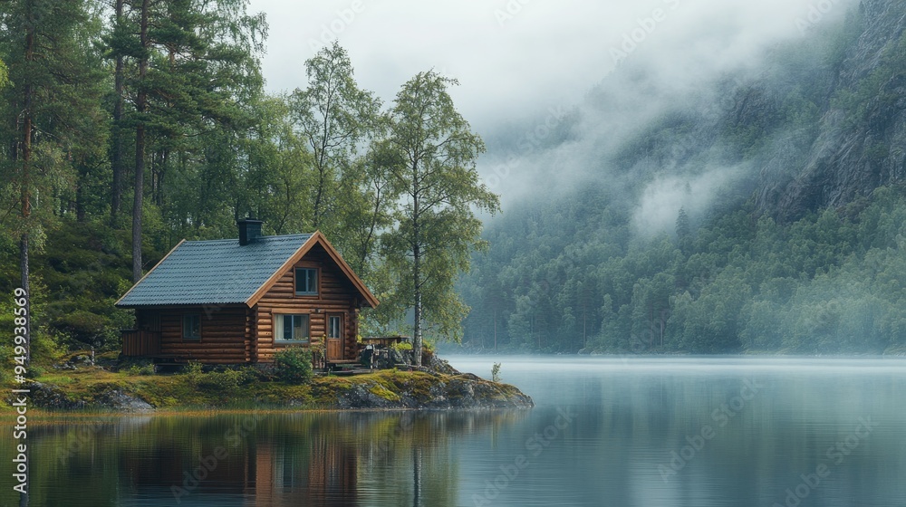 Fototapeta premium Cozy cabin by a serene lake surrounded by lush trees and misty atmosphere