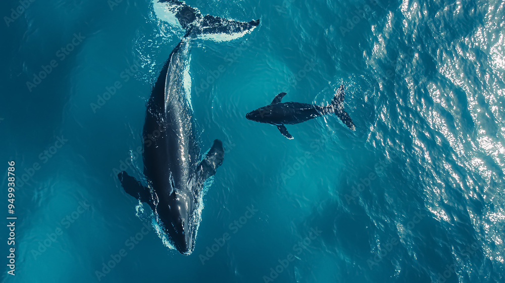 Fototapeta premium Whales swimming in the blue ocean. Top view from above.