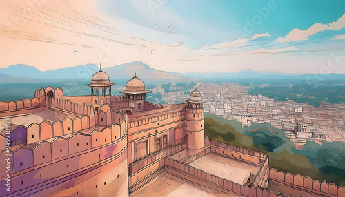 Abstract around the world wonder, misty morning over mehrangarh fort. photo