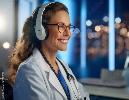 doctor physician with headphones hearing a medical podcast or medical news