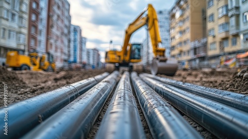 Construction site scene with long metal pipes in focus, blurred yellow excavator in the background, urban street setting