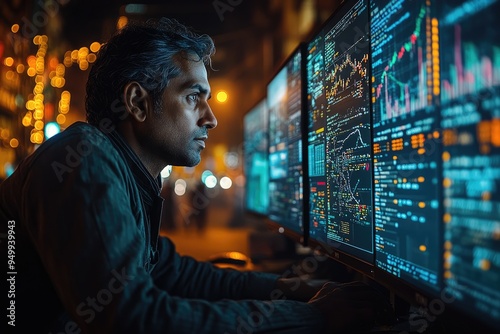 Person working on three monitors with complex data charts in background.