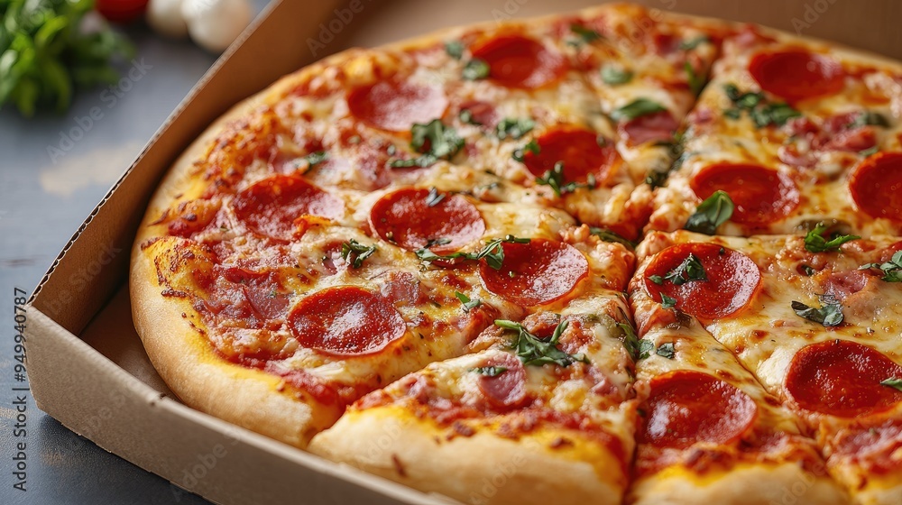 Close-up of delicious pepperoni pizza in cardboard box ready to be enjoyed. Close-up of delicious pepperoni pizza in cardboard box ready to be enjoyed.