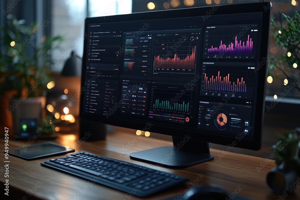 Modern workspace setup showing financial data on a desktop computer screen