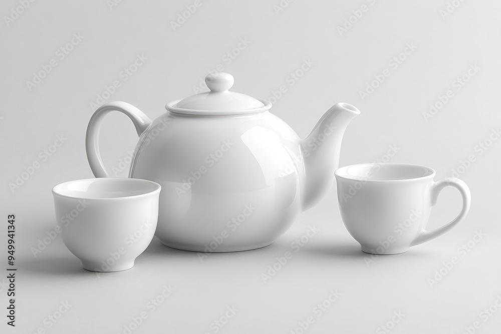 White Teapot and Two Cups on a White Surface White Teapot and Two Cups on a White Surface
