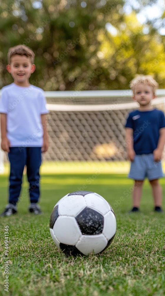 Fototapeta premium A little boy kicks a soccer ball while playing with his father on a colorful football field, surrounded by autumn leaves, capturing joyful moments of outdoor fun