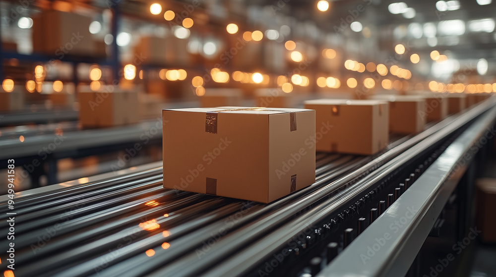 Closeup of multiple cardboard box packages moving along a conveyor belt in a warehouse fulfillment center