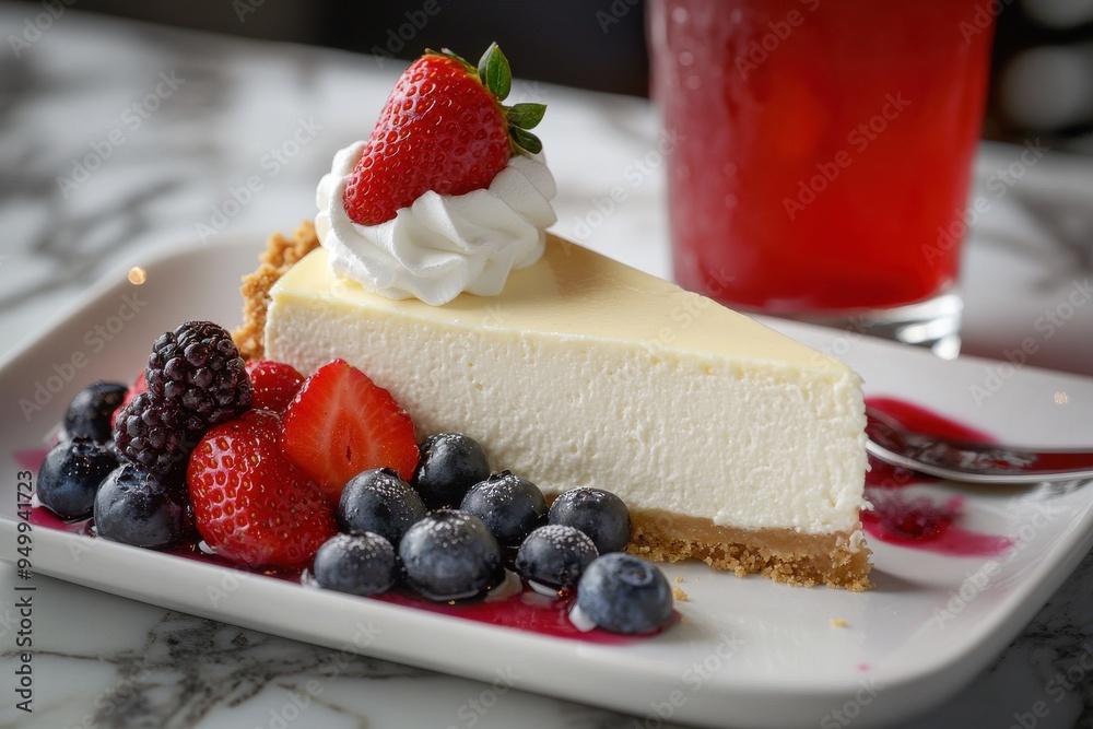 A slice of creamy cheesecake served on a white plate with fresh strawberries A slice of creamy cheesecake served on a white plate with fresh strawberries