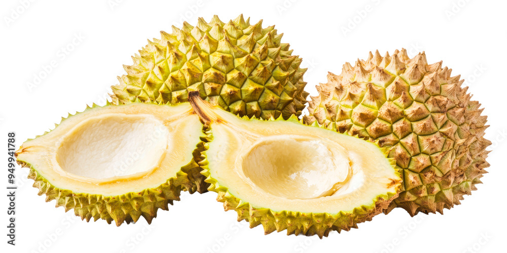 Fototapeta premium Fresh durians cut open isolated on transparent background