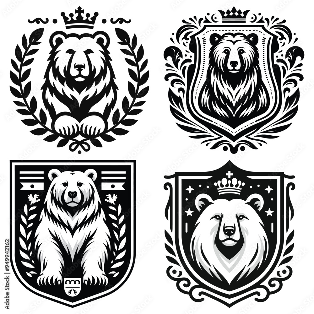 Fototapeta premium Black and white bear illustrations, intricate vector art, heraldic emblems for design