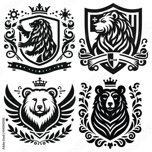 Heraldic Bear coat of arms and lion crests, black and white, vector illustration, perfect for medieval themes