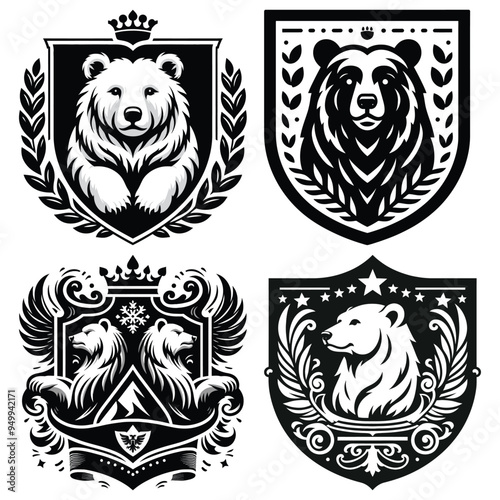 Heraldic Bear coat of arms emblems vector illustration, black and white, perfect for logos or coat of arms