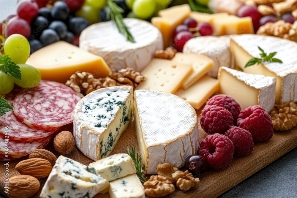 Cheese, Salami, and Fruit Platter on a Wooden Board Cheese, Salami, and Fruit Platter on a Wooden Board
