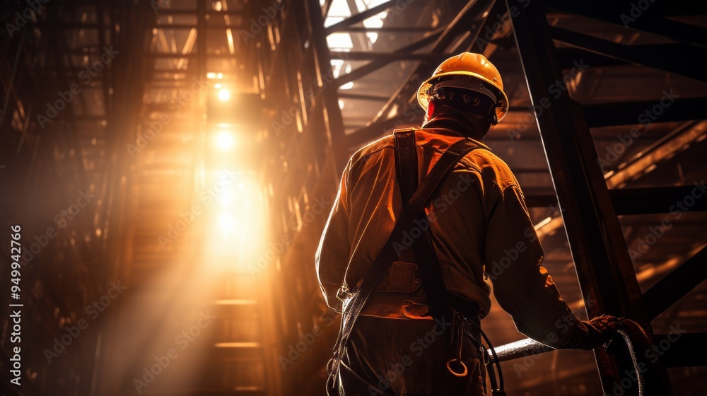 Male power plant worker silhouette against evening sunset rays. Neural network ai generated art Male power plant worker silhouette against evening sunset rays. Neural network ai generated art