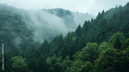 A misty green forest in the early morning, quiet and peaceful