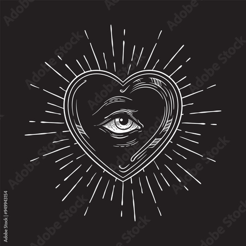 All seeing eye of God in sacred heart with rays of light sunburst hand drawn isolated vector illustration. Black work, flash tattoo or print design