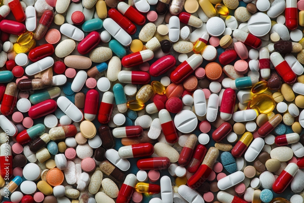 A wide and panoramic shot of a variety of colorful pills and capsules scattered across A wide and panoramic shot of a variety of colorful pills and capsules scattered across
