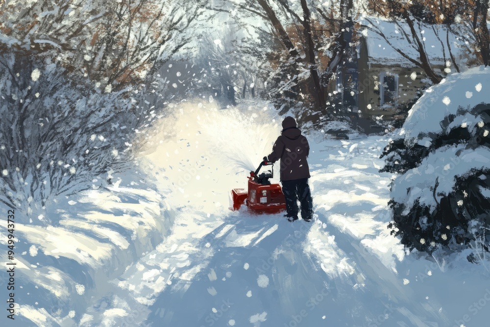 A person in a thick coat operates a snow blower clearing a path through fresh deep snow A person in a thick coat operates a snow blower clearing a path through fresh deep snow