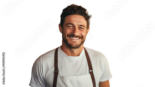 Professional barista man standing isolated on transparent background PNG. 