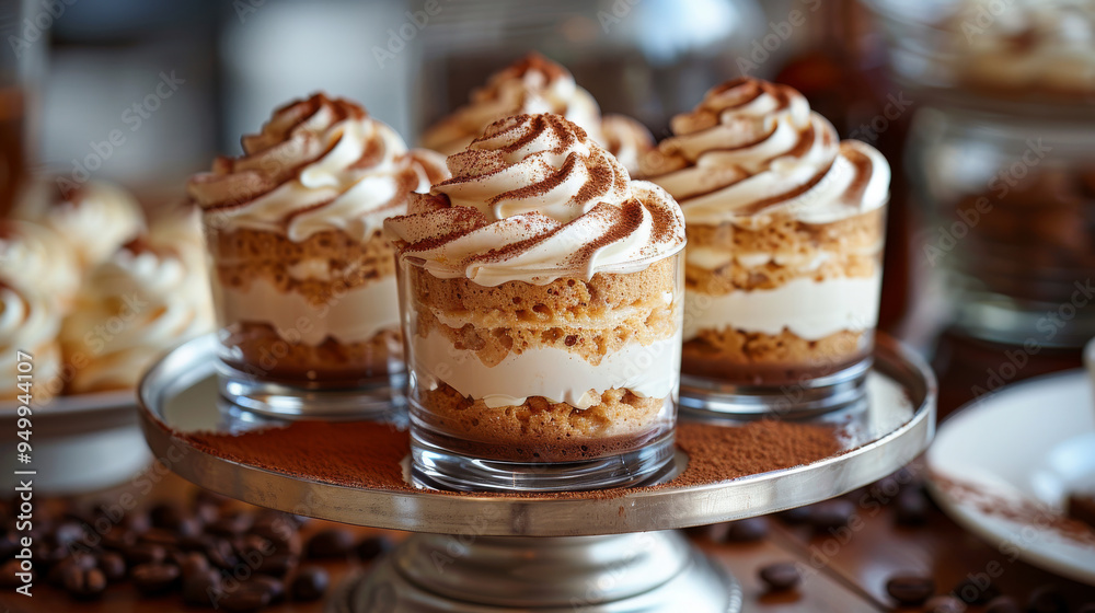 Mirrored dessert tray with tiramisu cups, featuring espresso-soaked ladyfingers, creamy mascarpone, and cocoa powder dusting Mirrored dessert tray with tiramisu cups, featuring espresso-soaked ladyfingers, creamy mascarpone, and cocoa powder dusting