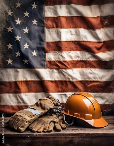 Vintage Labor Day Poster - A Labor Day poster with a faded USA flag as the background and orange helmet. Graphic art illustration poster
