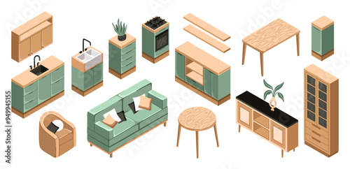 Isometric furniture for kitchen and living room interior. Sofa, armchair, wardrobes, and tables. Perfect for interior mood boards and planning sketches. Vector.