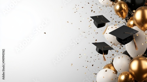 Elegant Graduation Celebration Banner with Caps, Golden Balloons, and Customizable Space on Left Side for Personalized Messages