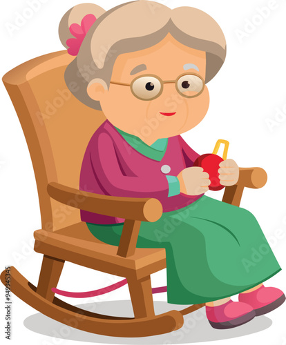 Grandmother knitting sitting on rocking chair illustration