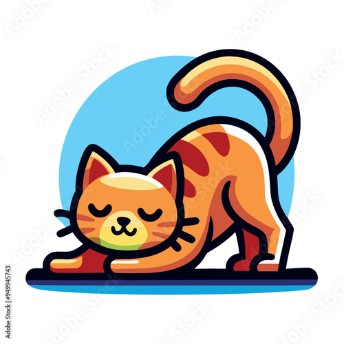 Cute cartoon orange cat stretching with eyes closed on a blue background. Playful and cheerful illustration.

