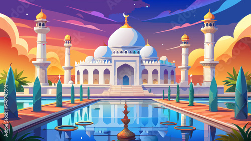 Majestic white marble mosque with domes and golden finials, surrounded by tranquil reflecting pools and beautiful Islamic architecture patterns at sunset.