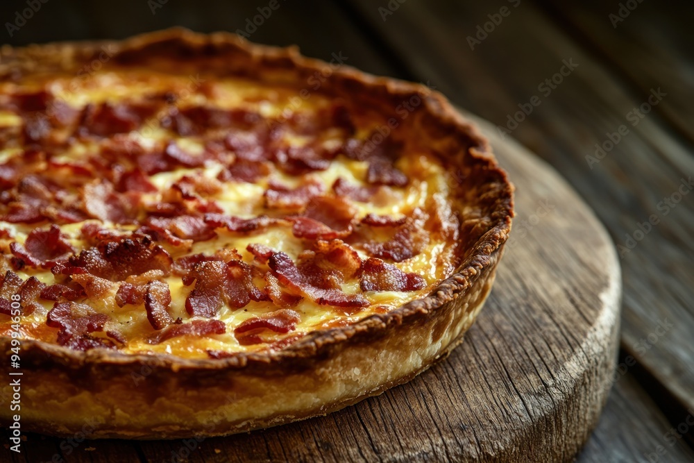 Delicious Bacon Quiche on Wooden Board Delicious Bacon Quiche on Wooden Board