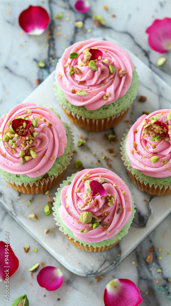 Pistachio cupcakes with rosewater frosting, topped with crushed pistachios and rose petals, on a marble board Pistachio cupcakes with rosewater frosting, topped with crushed pistachios and rose petals, on a marble board