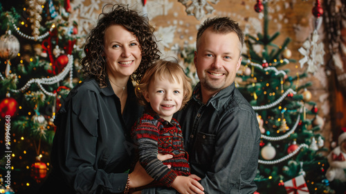 Family poses in front of christmas trees for holiday portrait with child