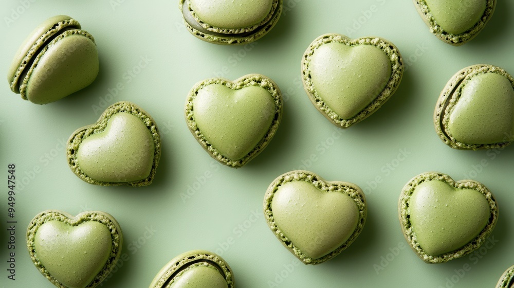 French sweet Matcha green heart macaroons on green background,French green tea macaron cookies baked pattern,Paris Pastry,bakery and branding valentine couple concept,copy space. French sweet Matcha green heart macaroons on green background,French green tea macaron cookies baked pattern,Paris Pastry,bakery and branding valentine couple concept,copy space.