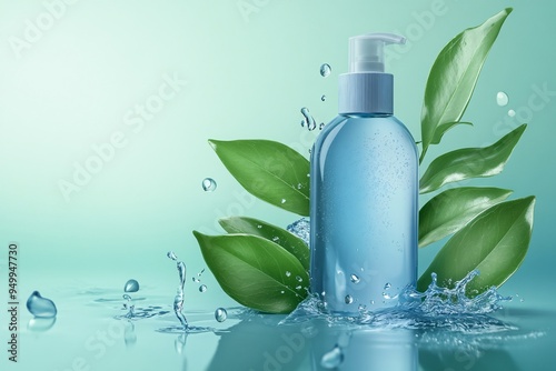 Photo shoot with green leaves and natural shampoo products photo