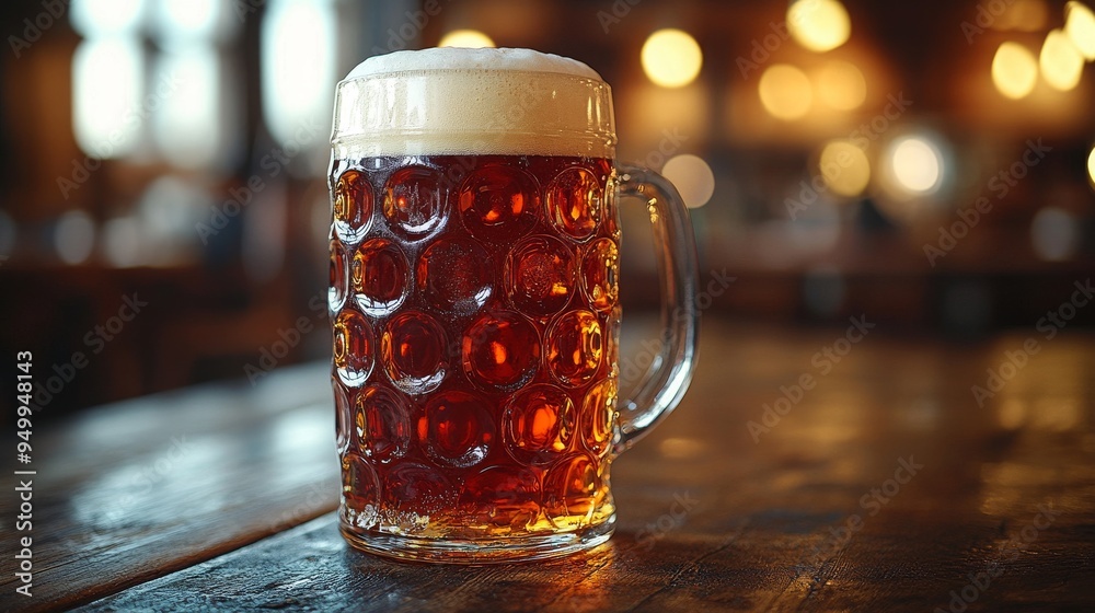 A stein filled with dark beer displays rich hues and a frothy head, resting on a worn wooden surface in a warm, inviting atmosphere. A stein filled with dark beer displays rich hues and a frothy head, resting on a worn wooden surface in a warm, inviting atmosphere.