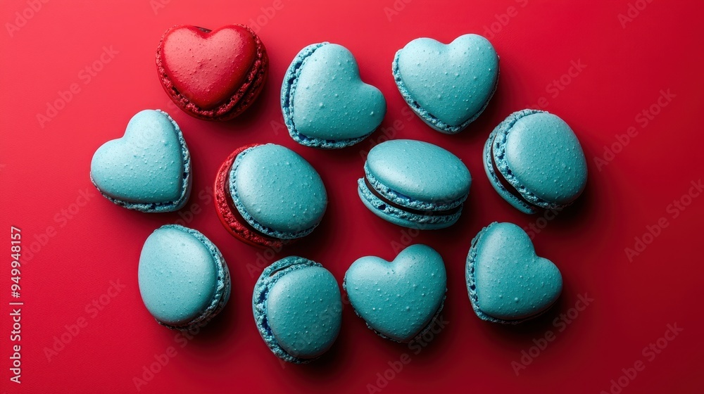 Fototapeta premium French sweet blue heart macaroons isolated on red background. Pastry shop card with copy spacefrench macaroons,Paris Pastry,bakery and branding valentine couple concept,copy space.
