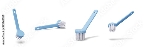 Realistic bent brush in different positions. Tool for cleaning. Set of vector templates