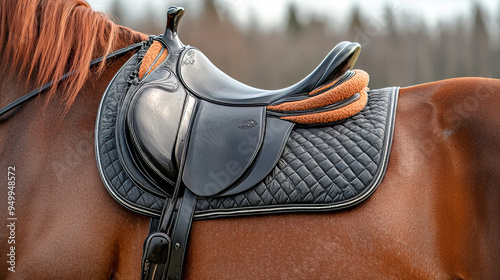 A saddle with stirrups on the back of a stallion, featuring the back of a saddled red horse. Ideal for equestrian sport and dressage themes. 