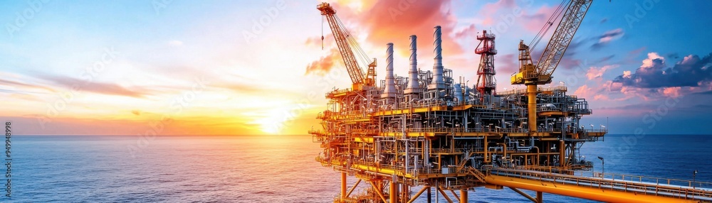 Offshore Oil Rig at Sunset: A majestic oil rig stands tall against a breathtaking sunset, showcasing the power and scale of the energy industry. The image captures the raw beauty of the ocean Offshore Oil Rig at Sunset: A majestic oil rig stands tall against a breathtaking sunset, showcasing the power and scale of the energy industry. The image captures the raw beauty of the ocean
