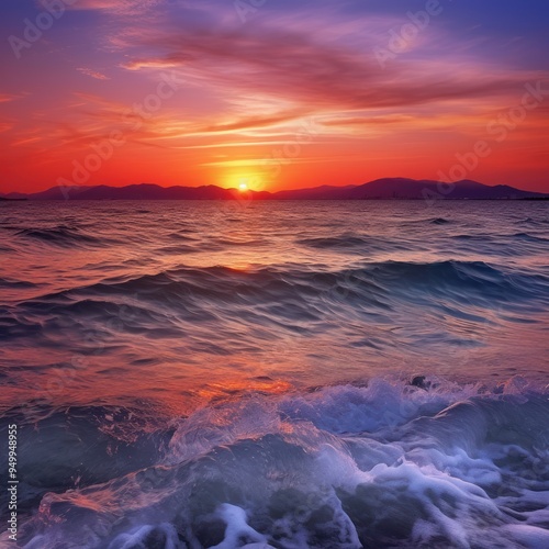 Sunset Over the Ocean with a Mountain Range Silhouette