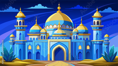 a blue mosque with a blue and golden dome