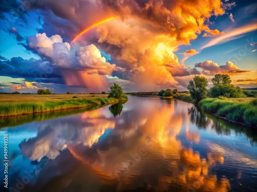 Vibrant Cloud Formation Sunset with Thunderstorms and Rainbows reflected in a tranquil river, creating a sense of serenity and calm.