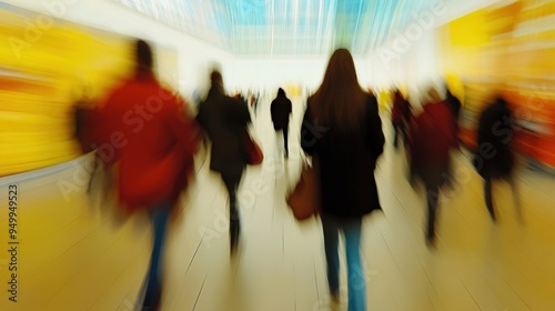 Abstract image of people walking in shopping mall with motion blur conveying bustling urban lifestyle