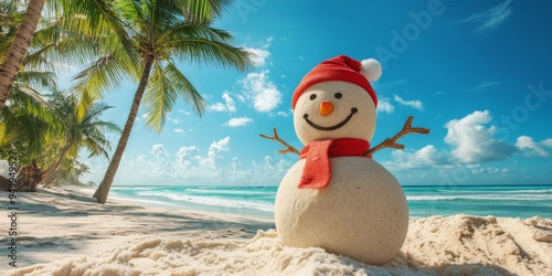 Snowman wearing santa hat and scarf is enjoying tropical christmas vacation on a sunny beach