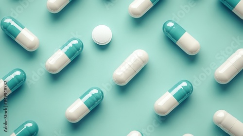 White and blue capsules on blue background,Medicines to combat the epidemic and viruses,tablet grid,Drug, tablet, pills,Global healthcare concept. Antibiotics drug resistance,Pharmaceutical industry.