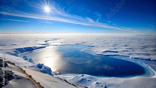 Lake Vostok in January, the lake's icy shores stretching out to the horizon, with a faint mist rising from the surface.