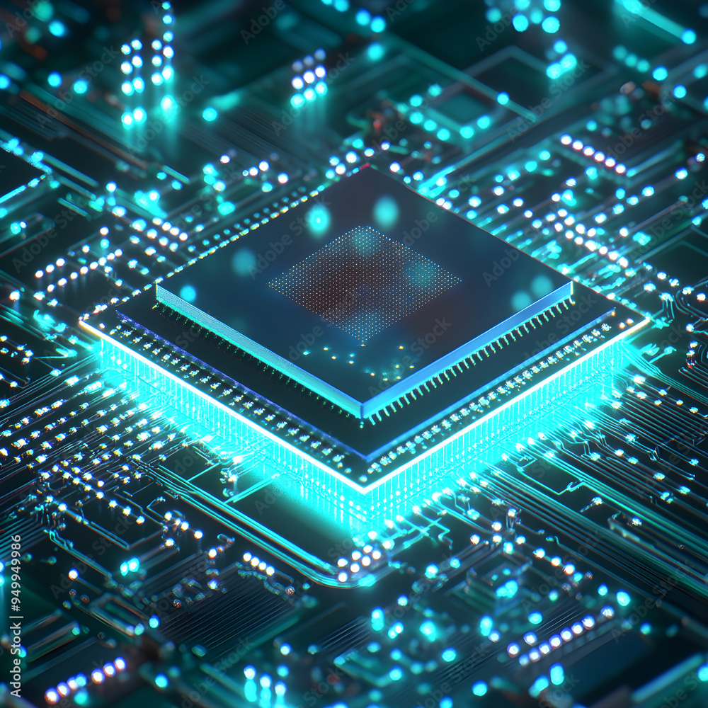 Green and blue computer chip adorned with many small components image Green and blue computer chip adorned with many small components image