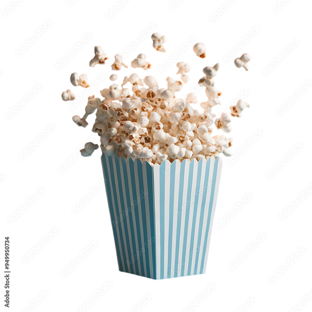 Tasty popcorn in a blue-white striped box isolated on a transparent background by AI generative Tasty popcorn in a blue-white striped box isolated on a transparent background by AI generative